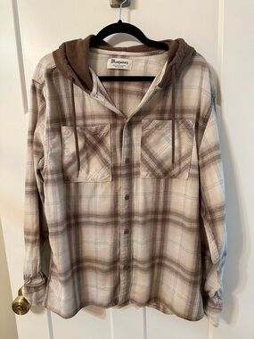 No Boundaries Brown and Cream Plaid Hooded Button-Up